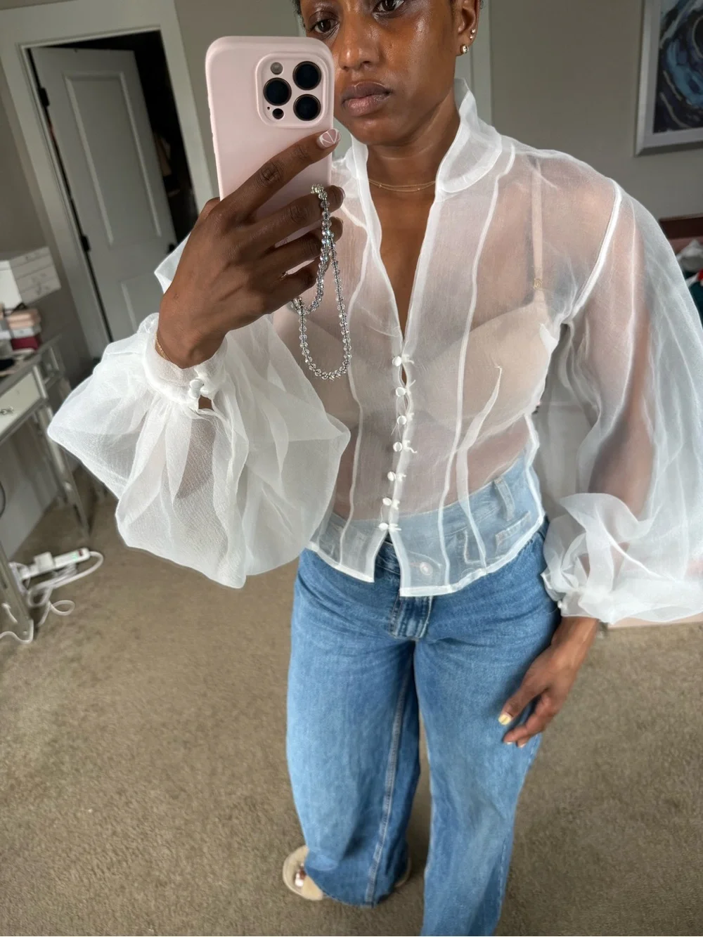 Balloon sleeve white sheer blouse - Picture 7 of 8